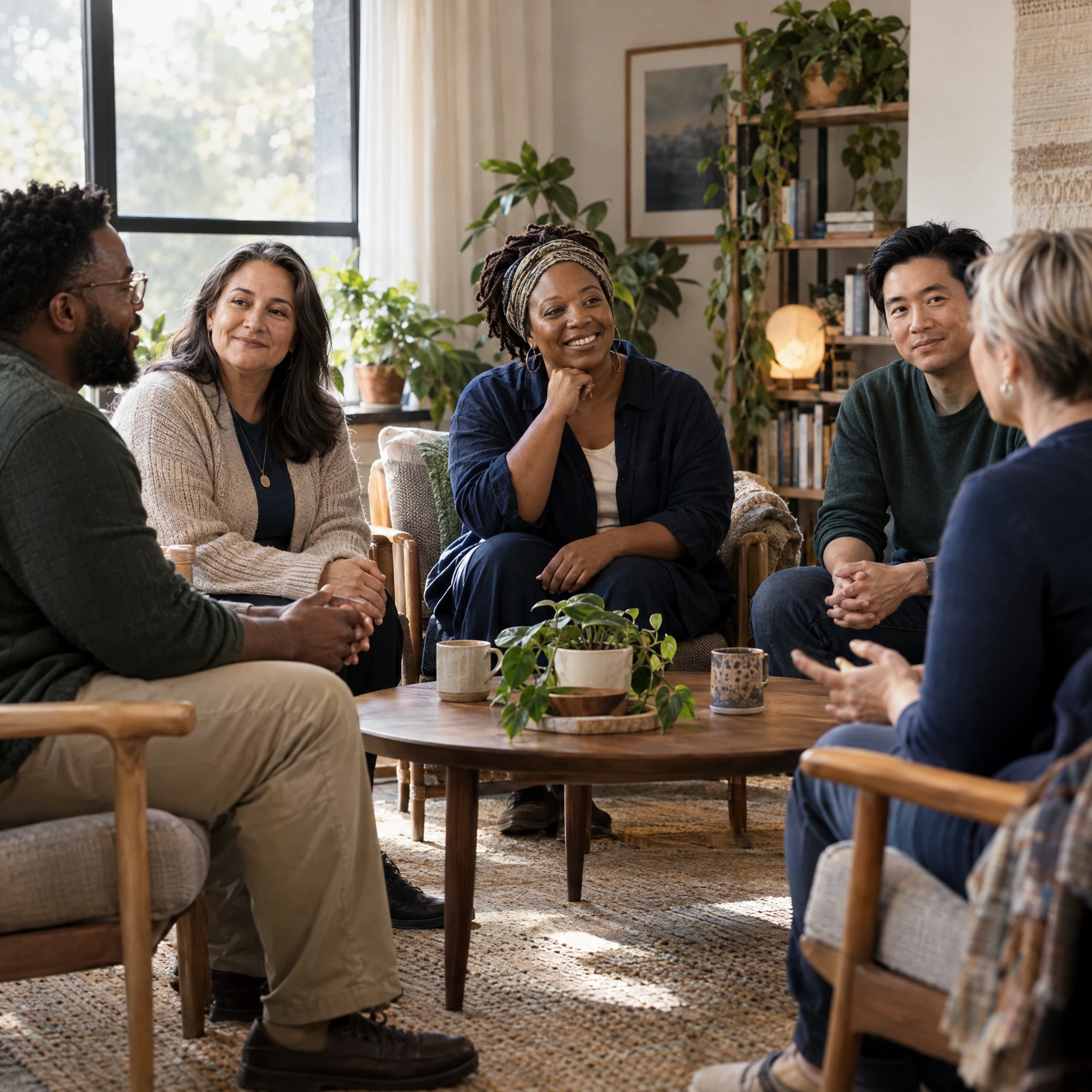 A diverse peer-support circle in a calm group conversation